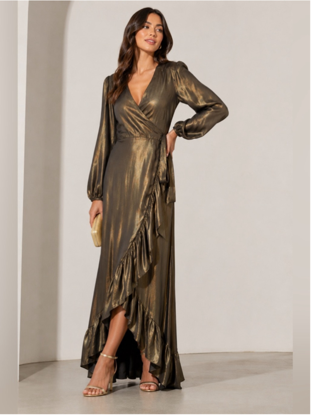Wayf Metallic Antique Bronze Wrap High-Low Maxi Dress Size XL Wedding Formal